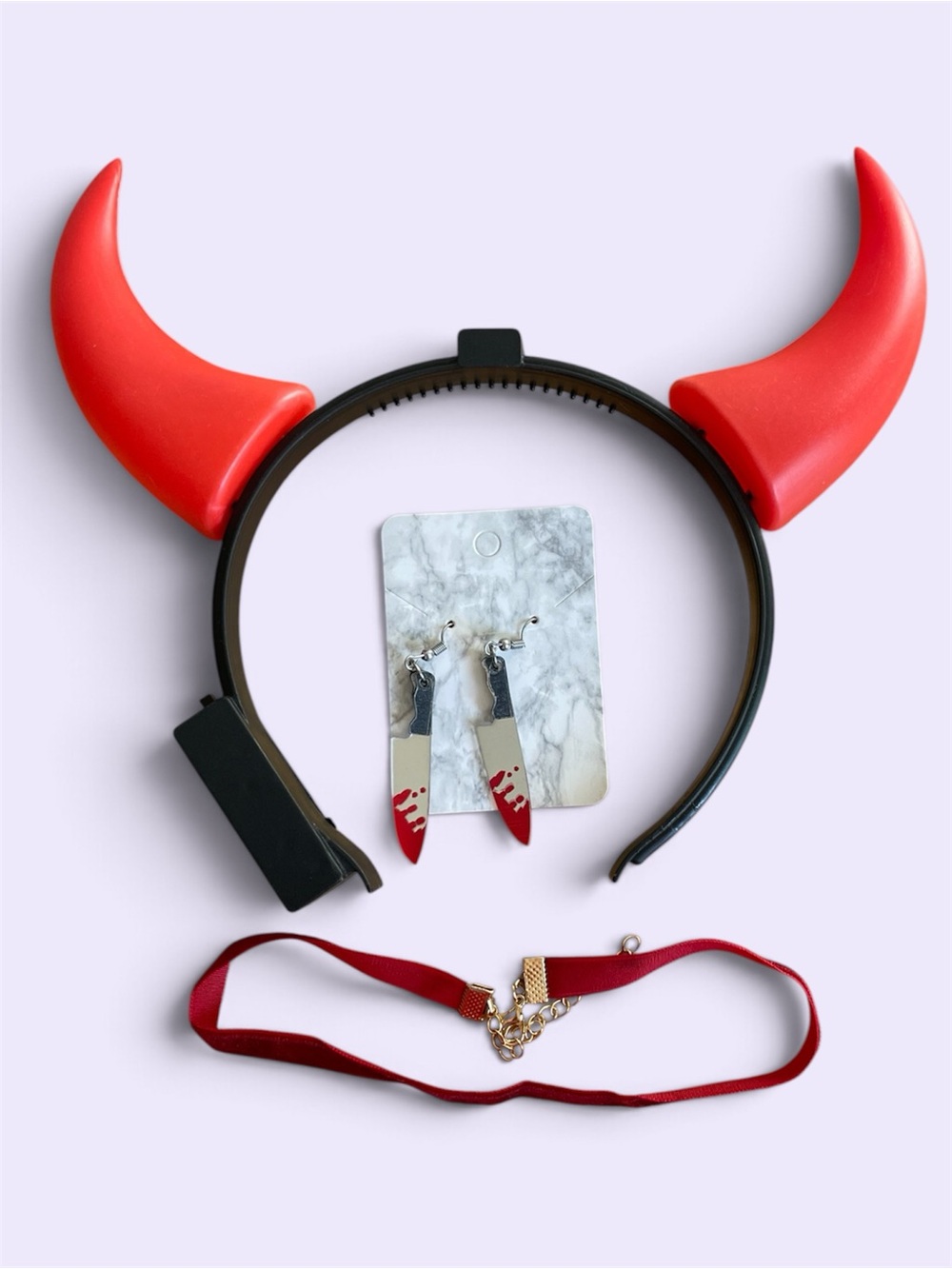 New Light-Up Devil Horns Headband Set w/ Drop Earrings & Red Choker, OS